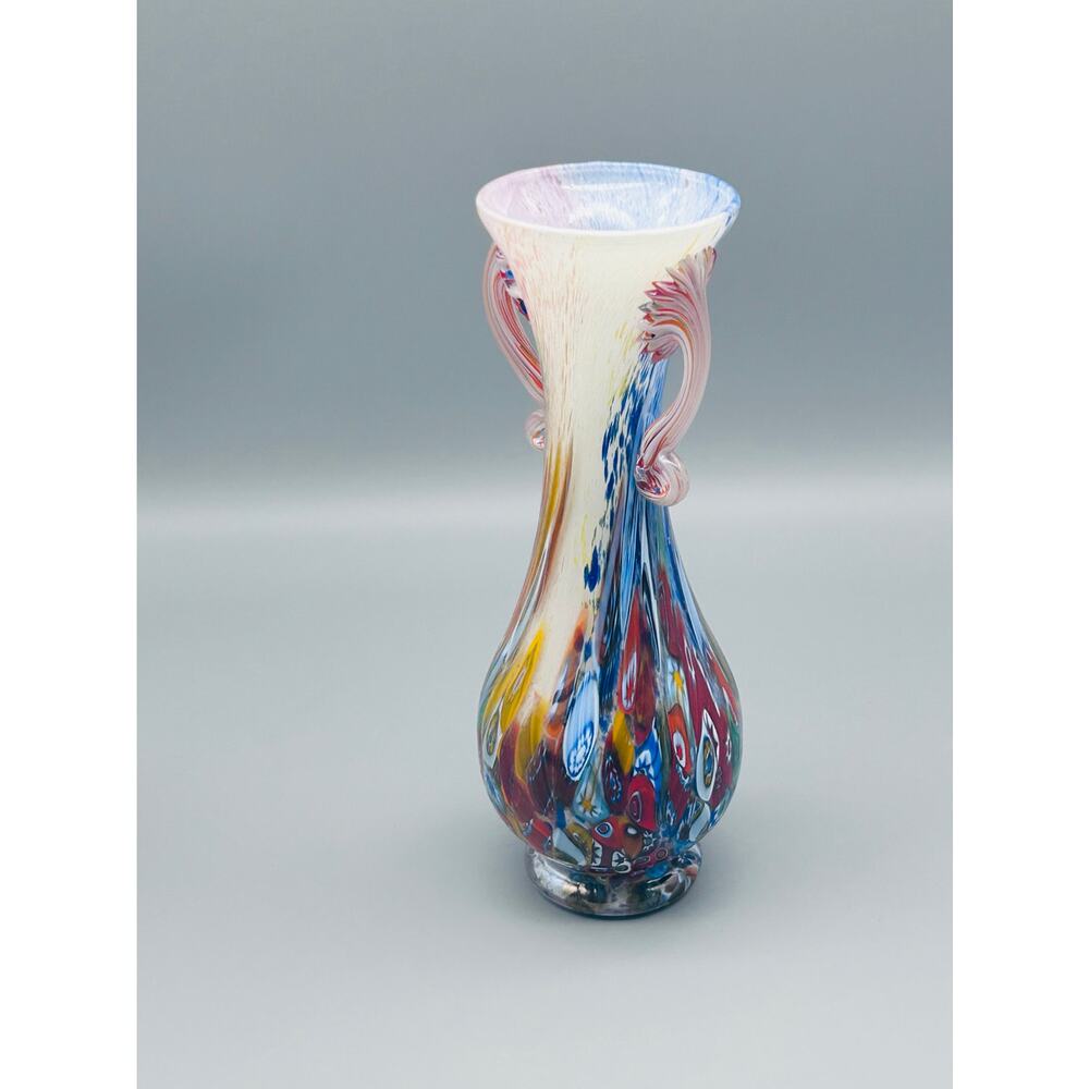 Vintage Hand Blown Murano Glass Millefiori Applied Handle Vase 9”